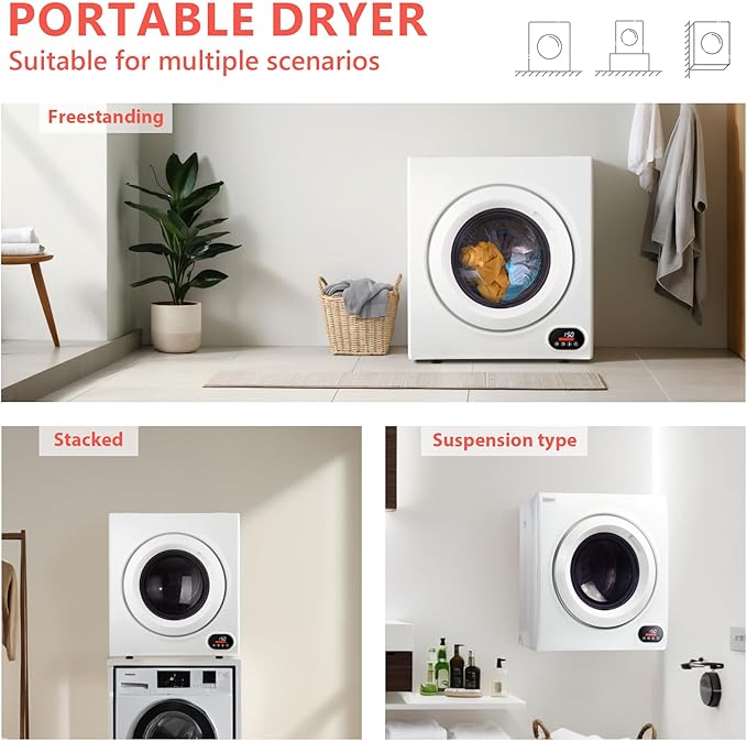 Euhomy Portable Dryer, 1400w, 2.65 Cu.Ft. Clothes Drying Machine with Exhaust Hose, Compact Dryer with Stainless Steel Drum, LCD Display, Suitable for Home, Apartment, RV