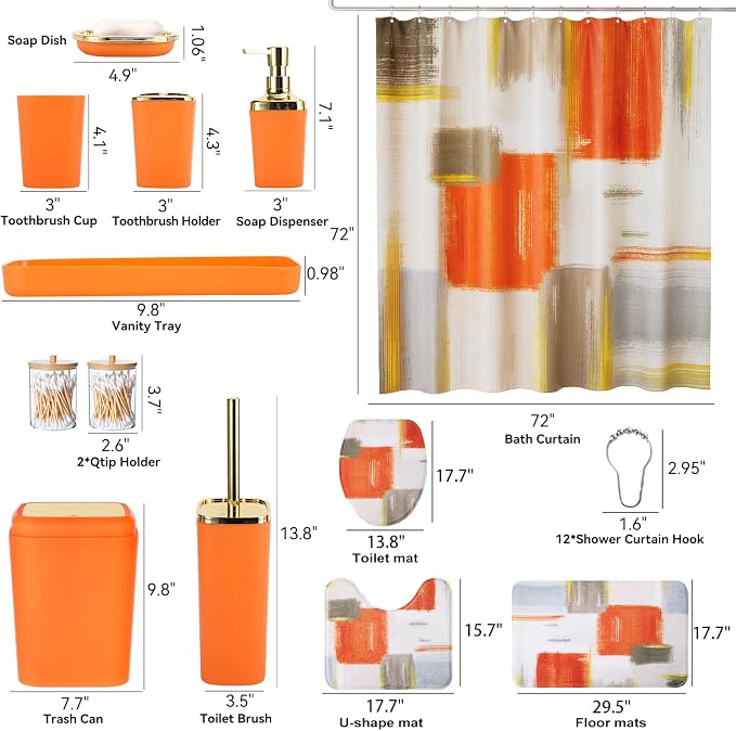 XLHOMO Bathroom Accessories Set - 25PC Bathroom Set with Shower Curtain and Rugs, Orange Bathroom Set, Bathroom Accessory Set with Press-on Lid Trash Can, Soap Dispenser and Qtip Holders for Home
