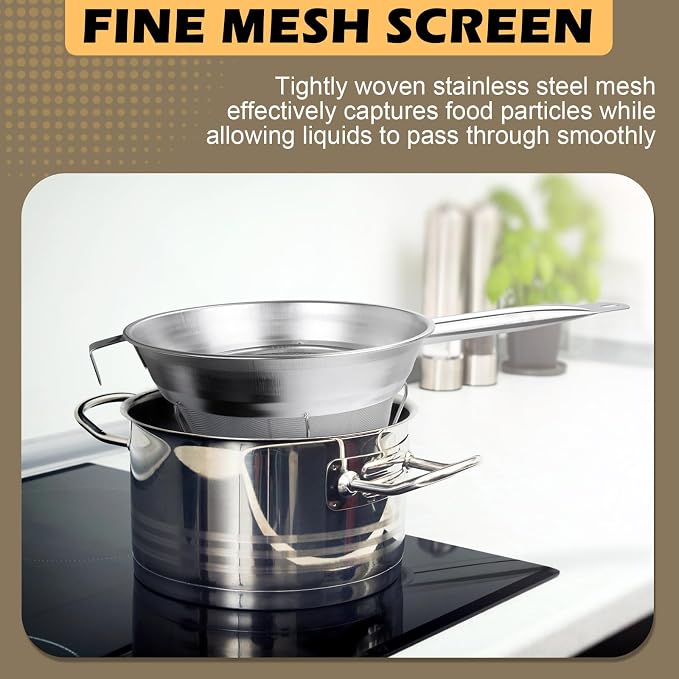 10 Inch Chinois Strainer,18/8 Stainless Steel Conical Fine Mesh Bouillon Sieve, Heavy Duty China Cap Strainers with Stand for Sauces Soups Broth Purees Jam