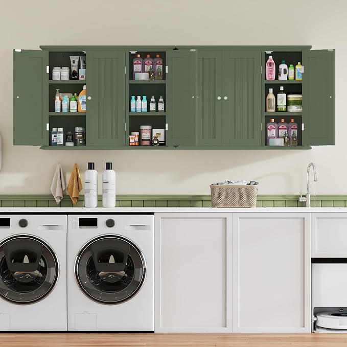 ChooChoo Bathroom Wall Cabinet with 3 Doors, Laundry Cabinet Wall Mounted, Medicine Cabinet with Adjustable Shelves, Hanging Kitchen Cupboard Organizer, Green