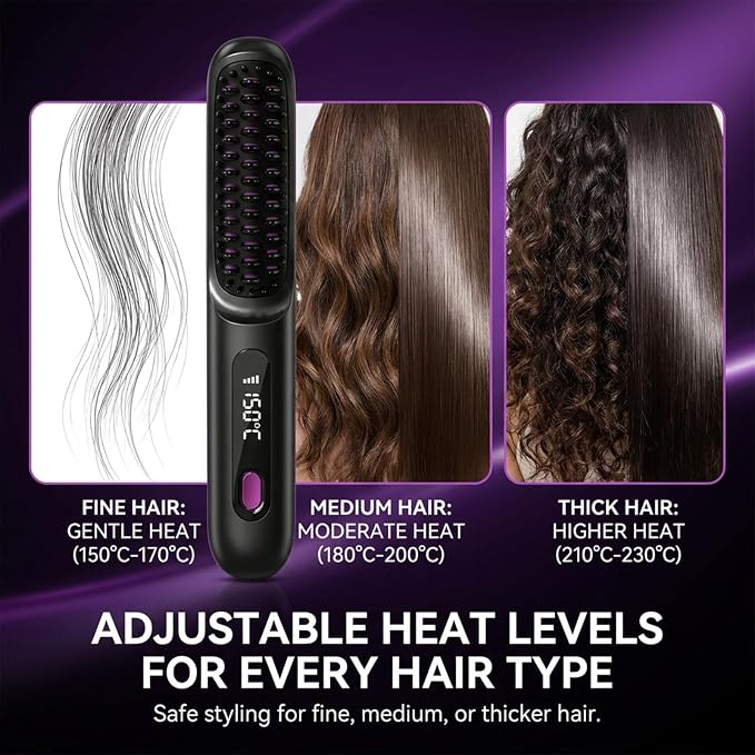 Hair Brush for Short Hair, Straightener Brushs for Travel (Purple) | LCD Temperature Display, Fast Heating Cordless Mini Hair Brushs