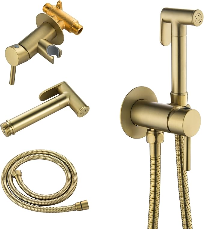 SHAMANDA Warm Water Bidet Sprayer for Toilet with Hot and Cold Brass Rough-in Valve, Stainless Steel Round Handheld Bidet Attachment Set for Feminine, Pets and Baby Diaper Wash, Brushed Gold, BDS09-3