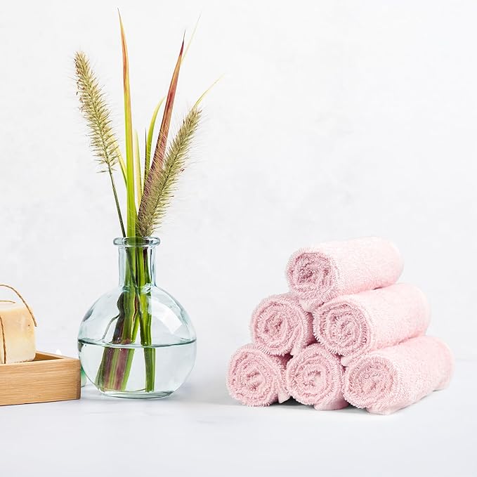 Amazon Basics Highly Absorbent, Fast Drying 100% Cotton Washcloths for Bathroom and Face, 12 x 12 inches, Petal Pink, 24-Pack