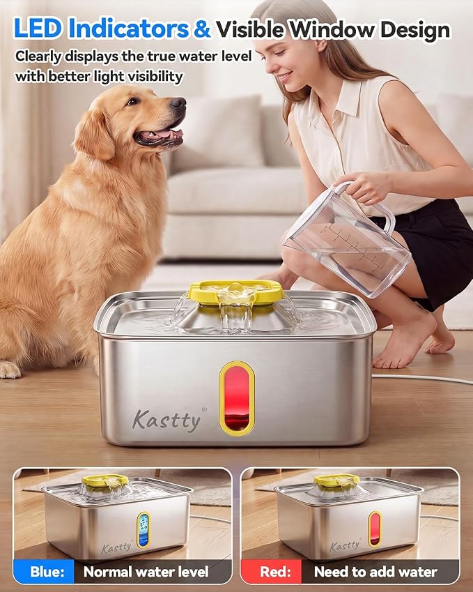 Kastty 15L/4 Gal Stainless Steel Dog Water Fountain Large Capacity,FS78 | Dog Water Bowl Dispenser with Visual Window & LED Light 5-Stage Filtration ,Ultra Quiet Pet Water Fountain Easy Clean,Yellow