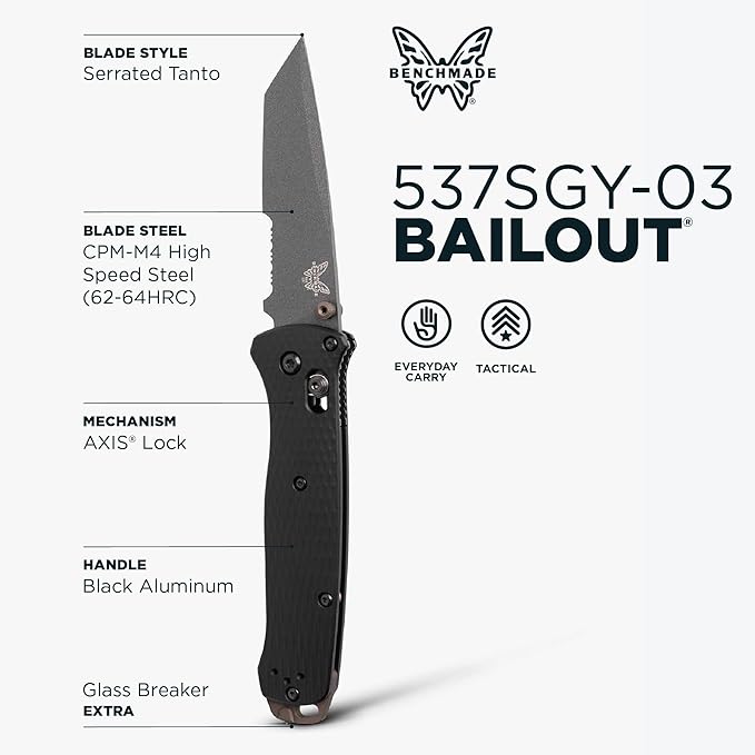 Benchmade Bailout Tactical Knife, M4 Steel Blade (537SGY-03) | Black Aluminum handle, Tanto blade