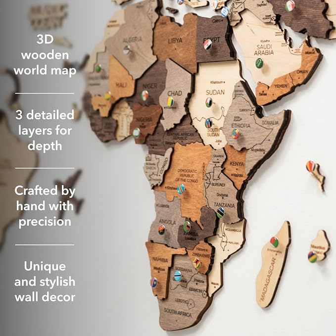 ENJOY THE WOOD 3D Wood World Map Wall Art Large Wall Décor - World Travel Map - Any Occasion Gift Idea - Art for Home & Kitchen or Office (2XL, Multicolor)