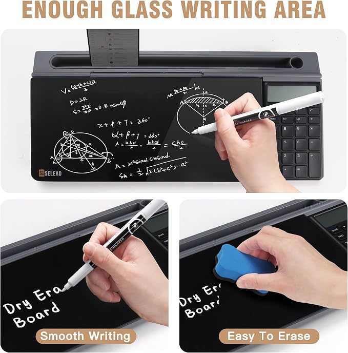 SELEAD Desktop Glass Whiteboard with Calculator, Dry Erase Board Computer Pad Keyboard Stand with Organizer Drawer for Home, School, Office Desk Accessories, Black