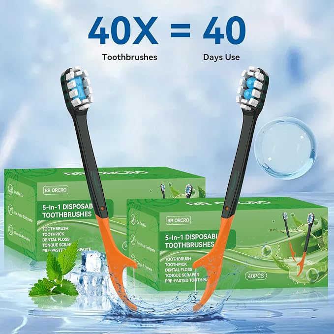 40Pack Disposable Toothbrushes with Toothpaste Pick Floss & Tongue Scraper | 5-in-1 Mini Prepasted Travel Toothbrush for Hotel Camping Flight Car Single Use Portable Individually Wrapped | Mint