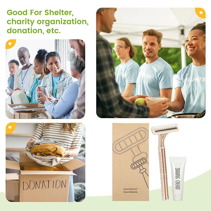 Eco-Friendly Wheat Straw Disposable Shave Kit - 100 Pcs Wheat Straw Razors and Shaving Cream(10g) Bulk, Individually Sealed for Hotel, Airbnb, Camping, Travel, Homeless, Shelters and Charities