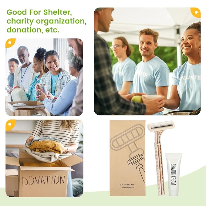 Eco-Friendly Wheat Straw Disposable Shave Kit - 50 Pcs Wheat Straw Razors and Shaving Cream(10g) Bulk, Individually Sealed for Hotel, Airbnb, Camping, Travel, Homeless, Shelters and Charities