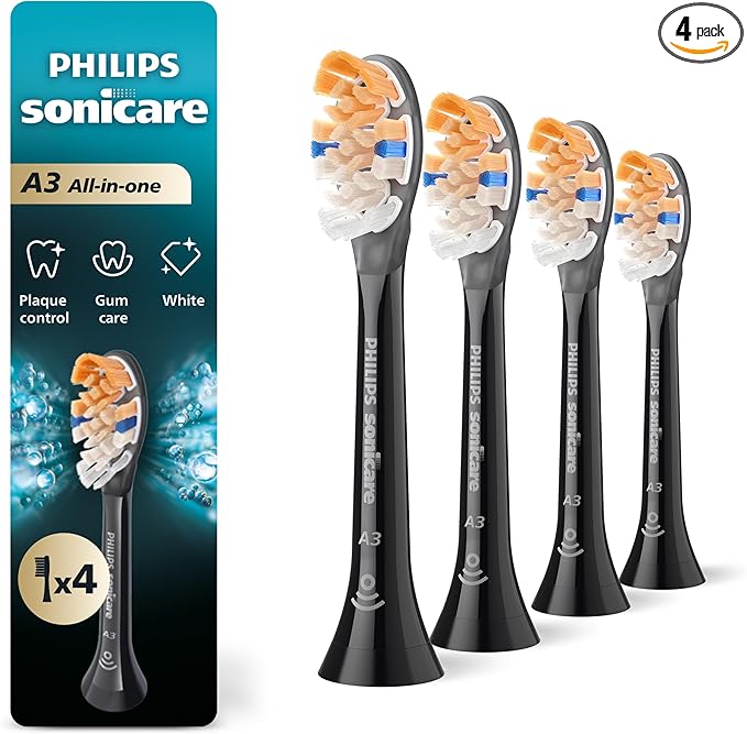 Philips Sonicare A3 All-in-One - Genuine Replacement Electric Toothbrush Heads, Black, 4 Pack One Year Supply, HX9094/95