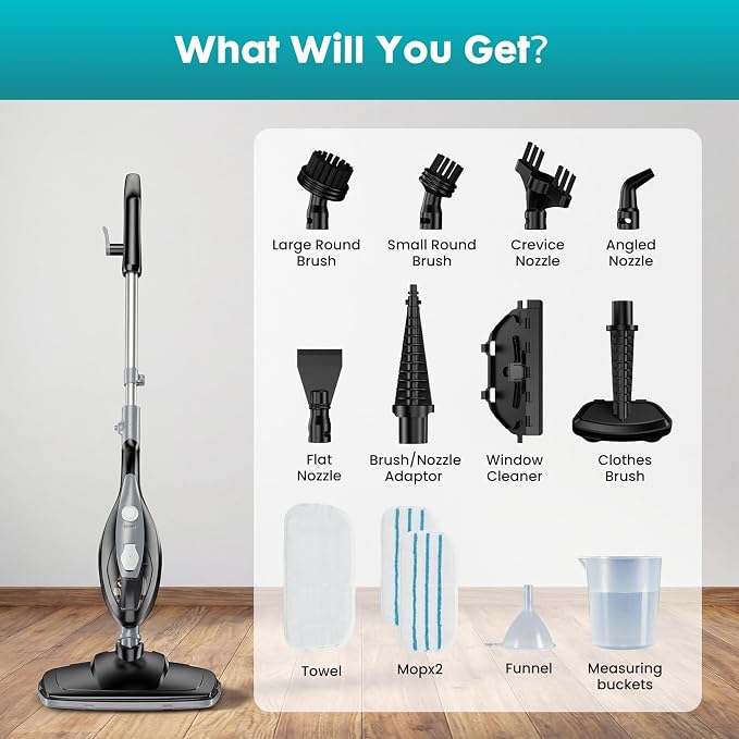 DUMOS 10-in-1 Multifunctional Steam Mop, 1550W Detachable Handheld Steam Cleaner, 16FT Power Cord with 2 Reusable Pads, Floor Steamer for Hardwood, Tile, Carpet, Grout, Windows