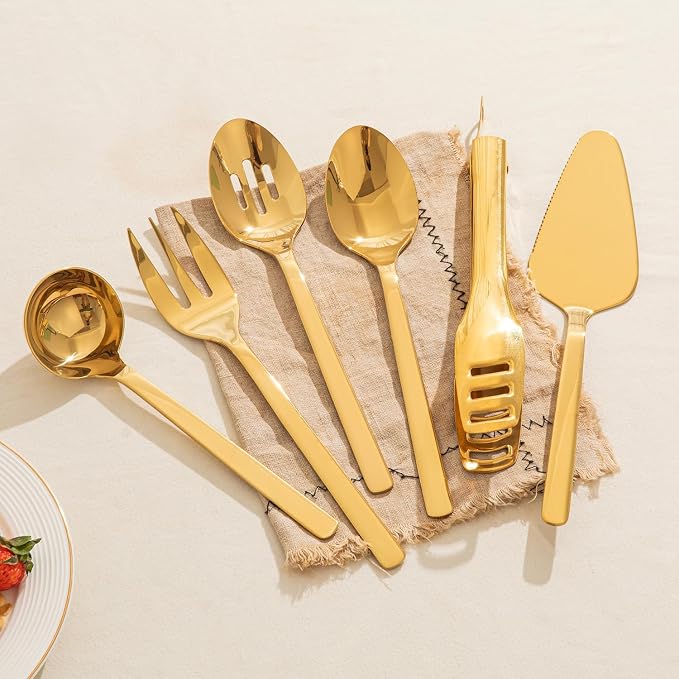 18/10 Large Hostess Gold Serving Utensils,Stainless Steel Serving | Heavy Duty Serving Set, 10-inch Serving Utensils, Slotted Spoons, Forks, Tongs, Cake Pie Server for Buffet, Wedding, Parties