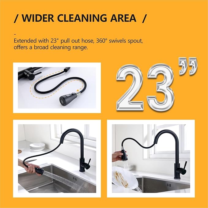 Hiqufet Kitchen Faucet, Pull Down Sprayer, Matte Black | Easy Install, 360 Swivel, 3 Spray Modes, SUS304 Stainless Steel, Leak-Proof, Fingerprint Resistant, Single Handle