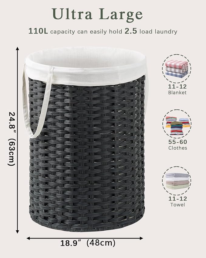 SETVSON Laundry Basket Round Rattan Laundry Hamper 29.1 Gal(110 L) Handwoven Large Wicker Basket with Handles, Wicker Hamper with Removable Bags and 2 Mesh Bags for Bathroom Living Room Black(No Lid)