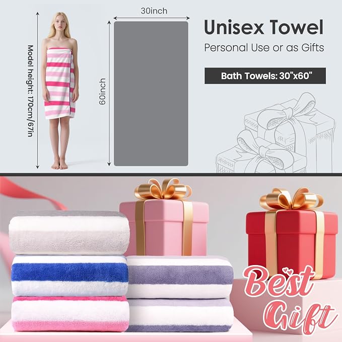 JML Microfiber Bath Towels, 2 Pack, 30" x 60", Cabana Stripe Pink | Hanging Loop, Lint Free, Oversized, Soft, Super Absorbent,Fast Drying, Perfect for Shower, Sauna, Gym, Sports, Fitness, Yoga