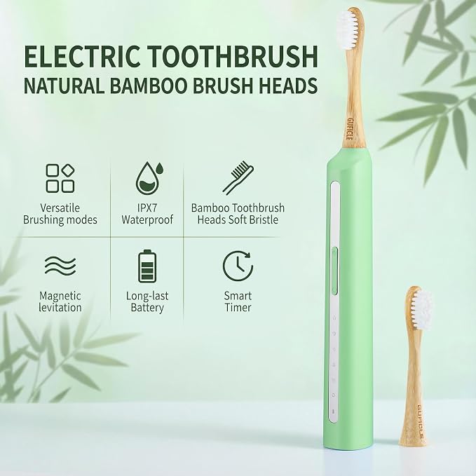 Sonic Electric Toothbrush with Bamboo Heads, Light Green | Bamboo Electric Toothbrush, Soft Castor Oil Bristles, Smart Timer, 40000 VPM, 5 Modes, IPX7 Waterproof, 45-Day Battery Life