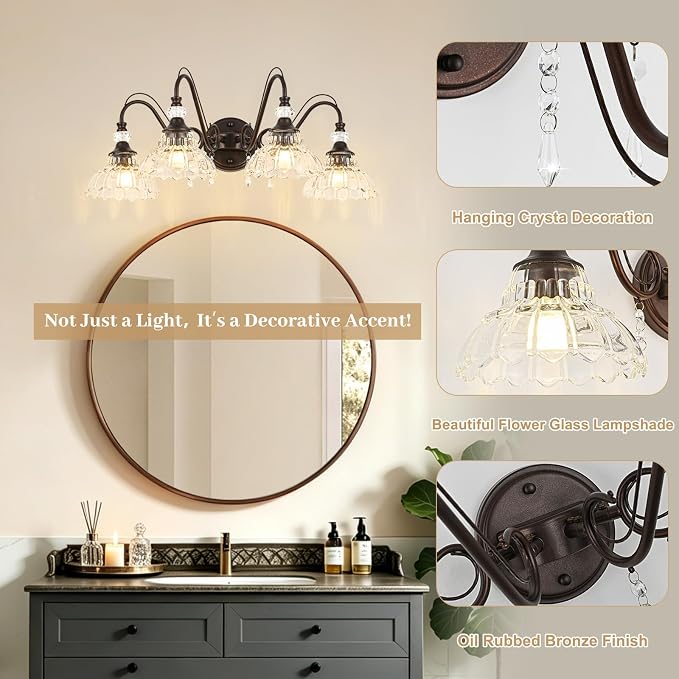 Vintage Bathroom Vanity Light, 4-Light Oil Rubbed Bronze Finish Wall Sconce with Hanging Crystal Accents and Flower-Shaped Clear Glass Shades, Retro Wall Mount Vanity Light Over Mirror for Bathroom