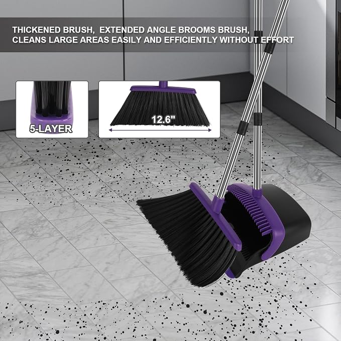 Broom and Dustpan Set, Large Household Dustpans and Broom with 55 Inch Long Handle, Pueple Broom with Dustpan Combo Set for Home