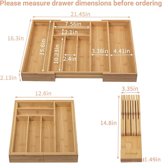 TIOPGHAD Bamboo-Silverware-Drawer-Organizer-Kitchen, Expandable Utensil Holder Cutlery Tray Flatware Organization Adjustable Wood Tableware Dividers Storage (with Removable Knife Block)(Natural)