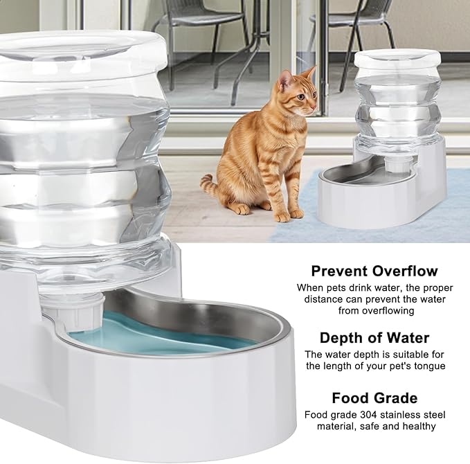 RIZZARI 4L Cat Water Dispenser – Stainless Steel, White, Gravity Fed | No Power Needed, Non-Slip Base, Easy-Clean, for Cats & Small Dogs, for Kitchen/Bedroom