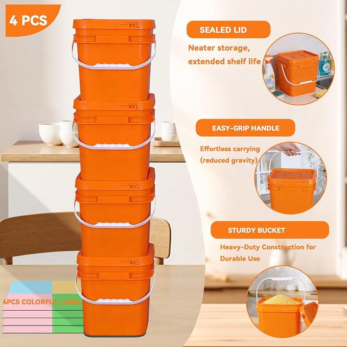 Food Storage Buckets with Lids - 4 Set Square Clear Plastic Containers, Airtight Pressure Seal & Handle for Kitchen Freezer Prep (Orange, 1 gal)