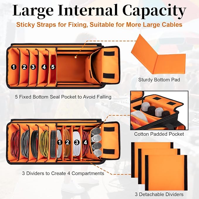 Large Dj Cable Bag with Laptop and Microphone Pocket, Dj Bag for Equipment and Music Accessories with Detachable Dividers, Bottom Pad, Dj Gig Bags for Musicians, Professional, Travel, Orange