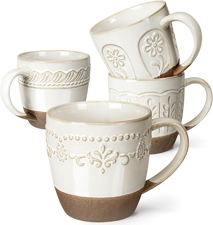 Artena Ceramic Coffee Mugs Set of 4, 16oz Embossed Large Latte Mugs Coffee Cups with Handle for Tea, Latte, Cappuccino & Cocoa, Milk Dishwasher & Microwave Safe, White (Multiple Patterns)