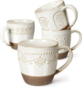Artena Ceramic Coffee Mugs Set of 4, 16oz Embossed Large Latte Mugs Coffee Cups with Handle for Tea, Latte, Cappuccino & Cocoa, Milk Dishwasher & Microwave Safe, White (Multiple Patterns)
