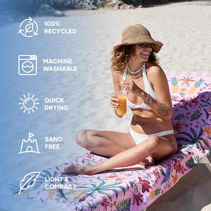 Dock & Bay Beach Towel - Quick Dry, Sand Free - Compact, Lightweight - 100% Recycled - Includes Bag - Pink Paradise - Large (160x90cm, 63x35)