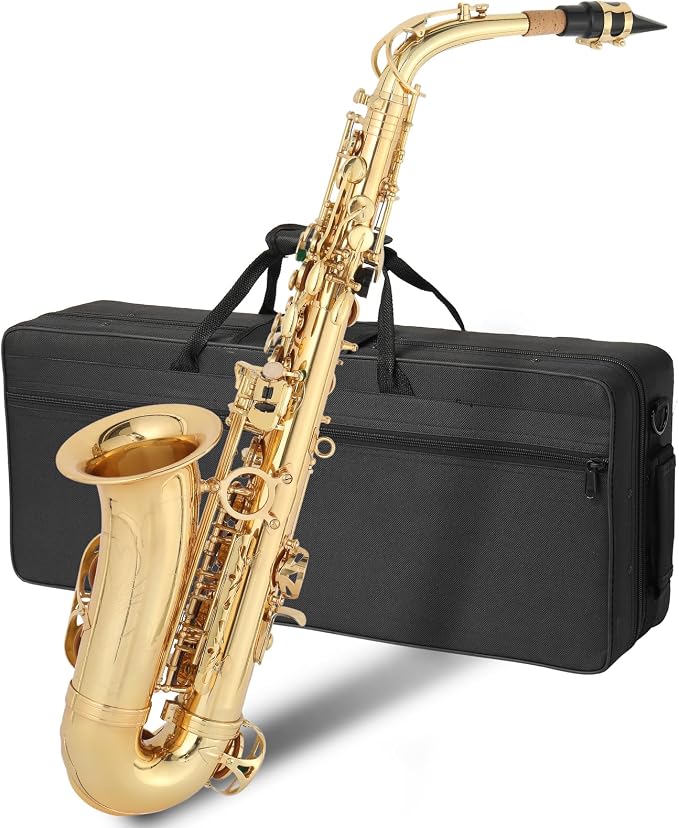 E Flat Alto Saxophone, Brass Sax with Carry Case, Golden | Saxophones Include Mouthpiece, Cleaning Brush, Cloth, Strap Accessories, For Beginner Student and Professional