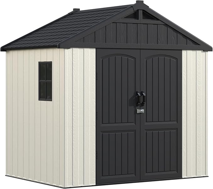 Greesum 8x6FT Plastic Outdoor Storage Shed with Floor, Resin Sheds with Window and Lockable Door, Easy Assembly, HDPE Kick-it Shed for Garden, Lawn, Backyard, Beige