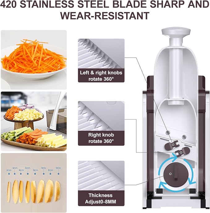 Safe Mandoline Slicer for Kitchen, Safe Vegetable Chopper with Paring Knife, Adjustable Thickness, Easy to Clean, Vegetable Slicer, Slicing, Strips, Shredding, Dicing, Chop (Brown)