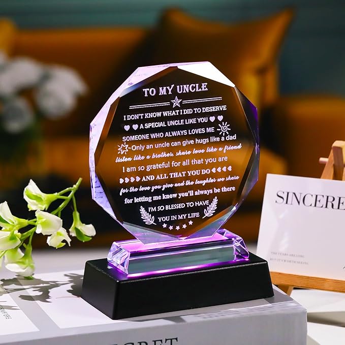 YWHL Meaningful Gifts for Uncle from Niece Nephew with Colorful LED Base, Fathers Day Birthday Gifts for Uncles Crystal Keepsake Present Best Uncle Ever Gifts on Christmas Thanksgiving Day