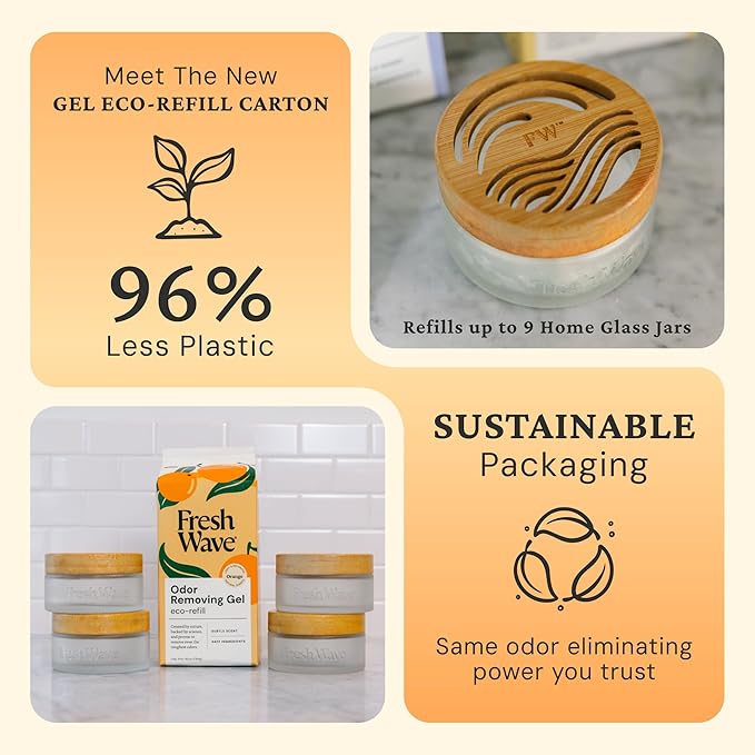 Fresh Wave Odor Removing Gel Eco-Refill, 63 oz. Orange Scent | 4 Empty Refillable Glass Jars | 4 Room Set
