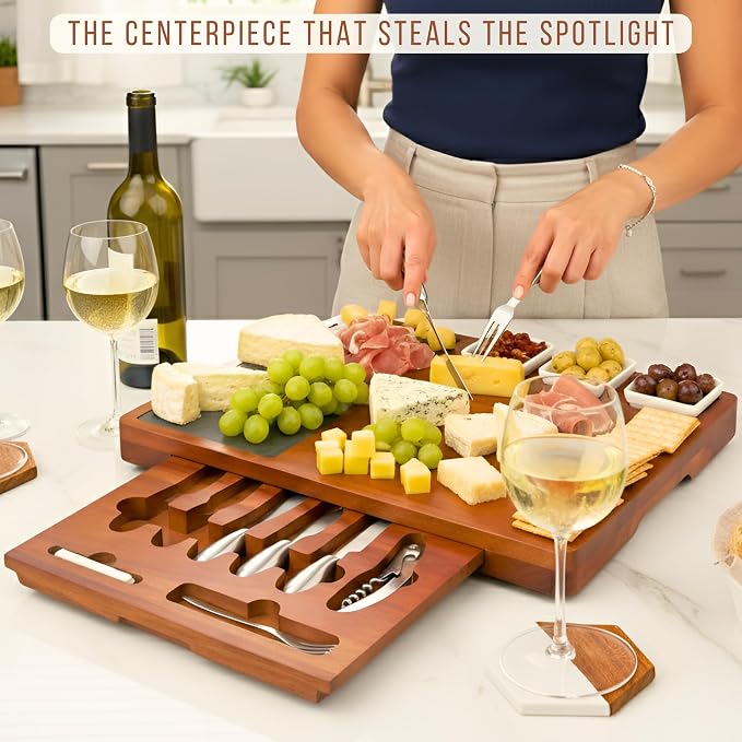Personalized Acacia Wood Charcuterie Board Set with Stainless Steel Knives – Custom Cheese Board for Wedding, Anniversary, New Mom, Engagement, Housewarming, Bridal Shower, Women, Mother’s Day Gifts