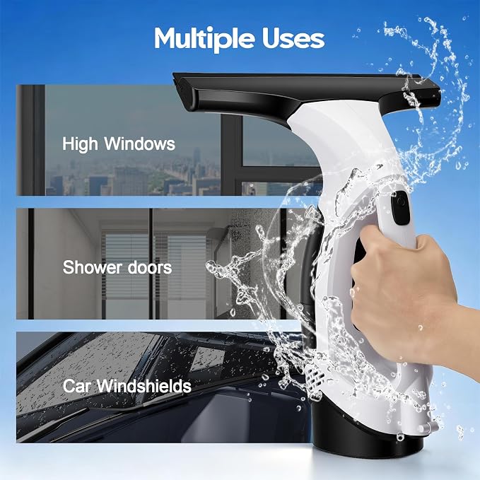 Cordless Window Vacuum Squeegee, 1.8-2 KPA Electric Window Vacuum Cleaner Tool with 0.8-1M Extendable Pole, Silicone Cleaning Scraper, 150ML Water Tank, 2200mAh IPX4, for Shower Glass, Car, Kitchen