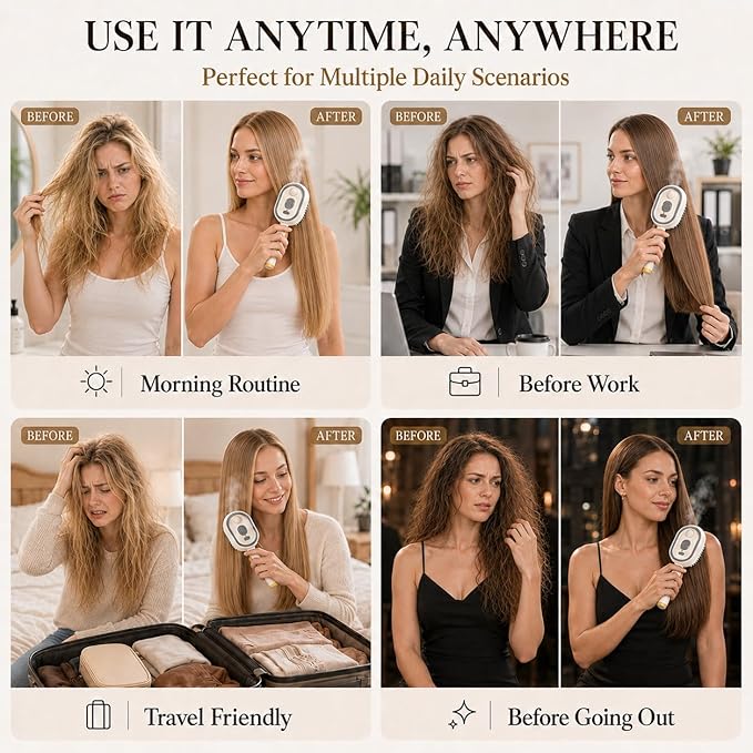 Electric Steam Brush for Hair, Electric Spray Air Cushion Comb for Women, Rechargeable Water Spray Hair Brush, Detangling & Anti-Static Hair Brush, Reduce Frizz, Smooth & Nourish