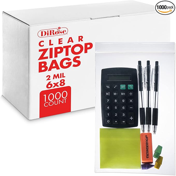 Dirose 6" x 8" Clear Reclosable Poly Bags – Pack of 1000, 2 Mil Thickness – Resealable Plastic Zip Bags for Snacks, Hardware, Arts & Crafts, and Storage