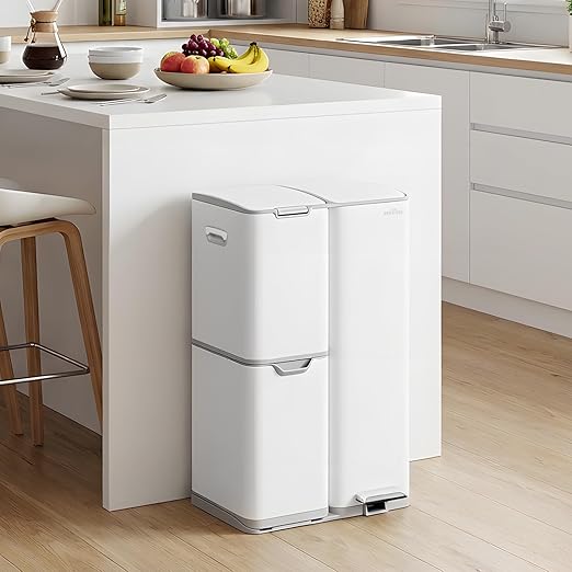mVm 16 Gal Kitchen Trash Can, 3 Compartment Garbage Can, Heavy Duty Anti Fingerprint Brushed Recycling Bin for Office Home（White）