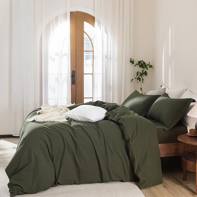 Linen Feel Duvet Cover Super King Plus Size 120inch x 120inch,100% Washed Cotton Duvet Cover with Zipper Closure and 2 Pillowcases, Color of Olive Green