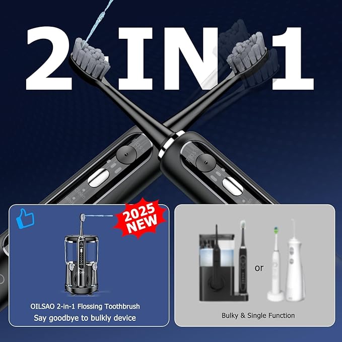 Electric Toothbrush with Water Flosser Combo, 3-in-1 Sonic Flossing Toothbrush and Dental Water Flosser for Teeth Cleaning, Gum Care, Braces, Bridges, Adults, 5 Brush Modes, 500ML, Black