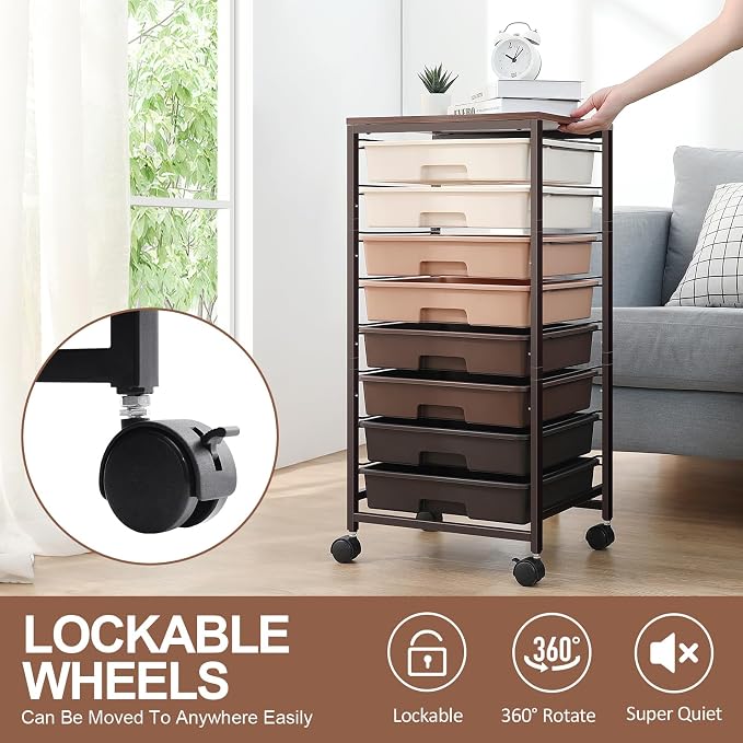 SYKIARIOL Rolling Storage Cart with Drawers, Rolling Drawer Cart and Wooden Tabletop,Storage Drawer Cart for Living Room,Classroom,Bedroom,Bathroom,Dorm,Office,Brown Gradient