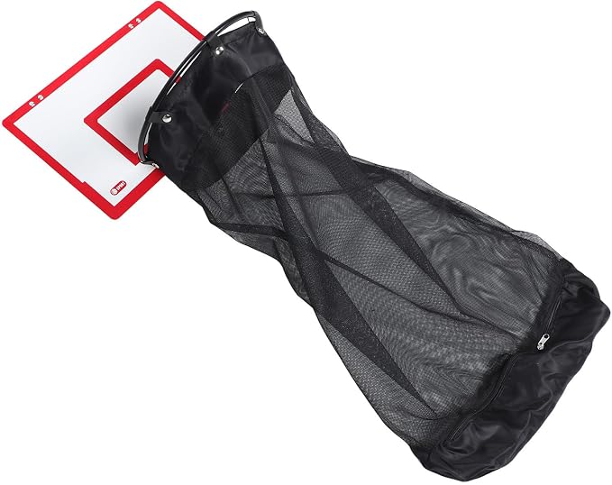 Wooden Basketball Hoop over Door Laundry Hamper Basket | Red Wood Backboard, Mesh Net and Iron Frame, Foldable Hanging Bag with Self Adhesive Hook for Laundry Room or Nursery
