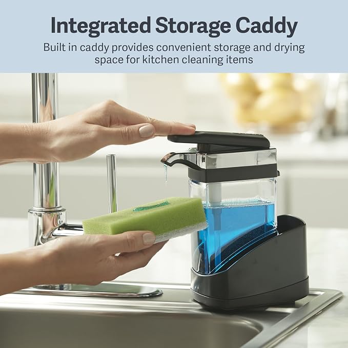 Casabella Sink Sider Solo Kitchen Soap Pump and Sponge Caddy, Black/Chrome - 2-in-1 Soap and Sponge Caddy, One-Hand Soap Dispensing, Ergonomic Design, Easy to Refill and Clean, Efficient Size