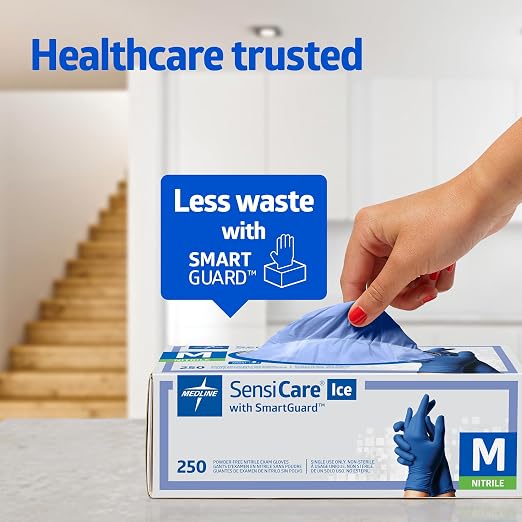 Medline SensiCare Ice Blue Nitrile Exam Gloves, 2500 Count, Large, Powder Free, Disposable, Not Made with Natural Rubber Latex, Multi-use for Every Task