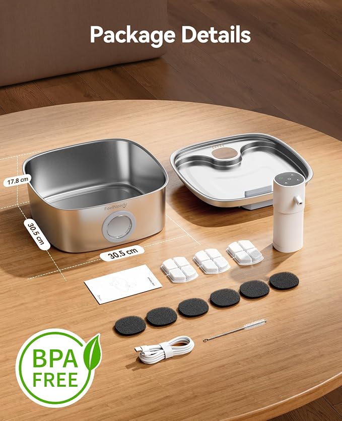 Cordless Wider Tray Dog Water Fountain, 5000mAh Battery Operated Dog Water Bowl Dispenser with 3 Motion Sensor, FEELNEEDY Stainless Steel Pet Water Fountain for Multi-Pets, Easy Setup & Clean, 8L