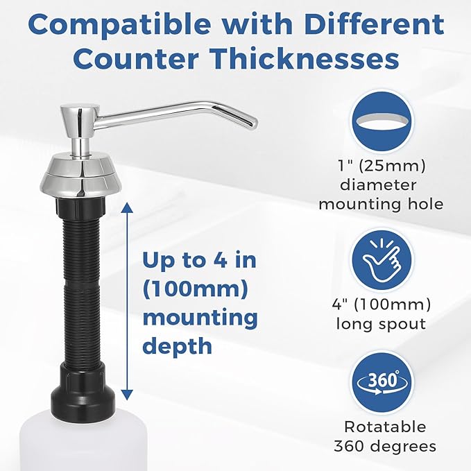 Stardrix Heavy Duty Brass Countertop Liquid Soap Dispenser, Commercial Grade Top Fill Built-in Soap Dispenser with 34 oz/ 1L Bottle for Bathroom, Kitchen, Public Restroom, Chrome Finish, 4” Spout