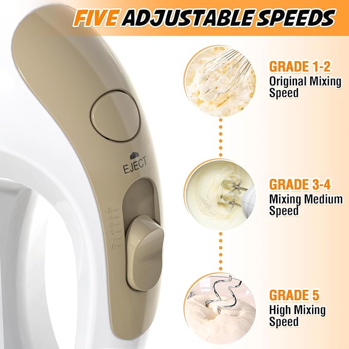 Handmixer Electric Handheld- 5 Speed Portable Kitchen Mixer Electric Handheld with 5 Stainless Steel Accessories Whisk, Food Beater, ‌Ivory