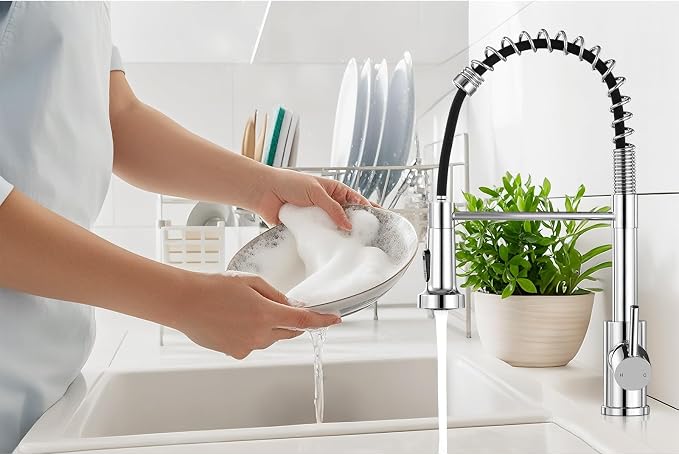 Kitchen Faucet with Pull Down Sprayer Chrome | 2-mode sprayer, 360° high arc spout, 304 SS build, drip-free valve, fingerprint-resistant, DIY install, NSF certified